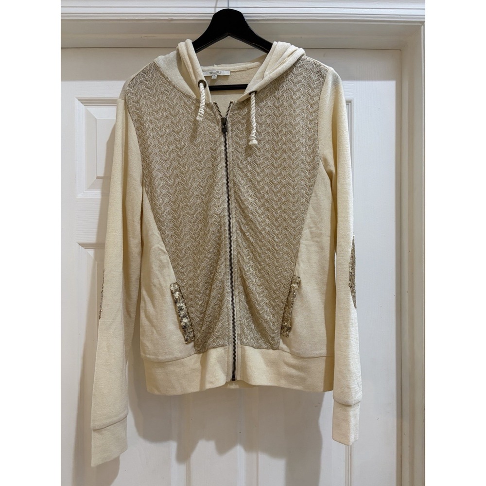 Miss Me Women's Ivory Knit Zip Up Hoodie Large Sequin Pocket Boho Cozy Sweater